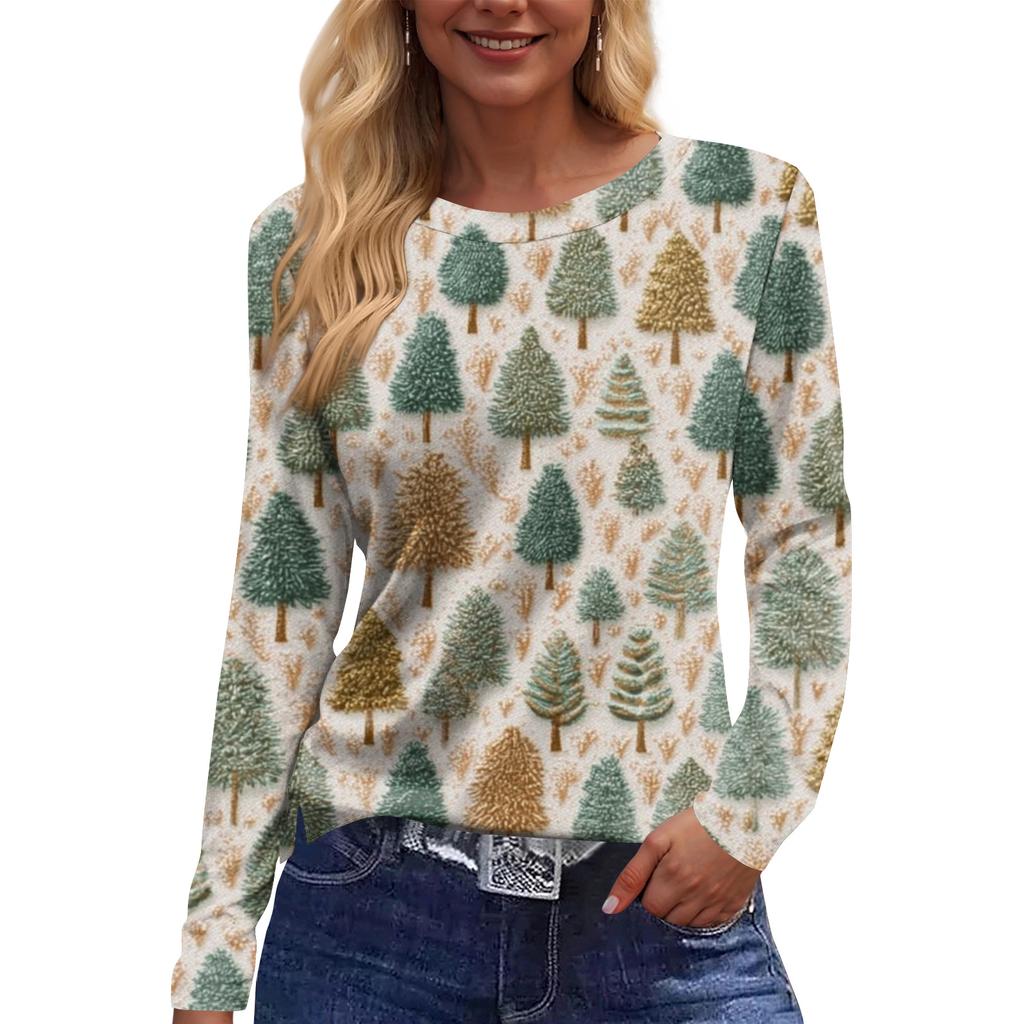 Women's Fashion Casual Slit Hem Round Neck Long Sleeve Loose  Printed T-Shirt Ladies Top
