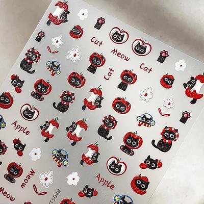 3D Graffiti Black Cartoon Cat Nail Stickers Red Apple Black Cat Animal Nail Decal Slider