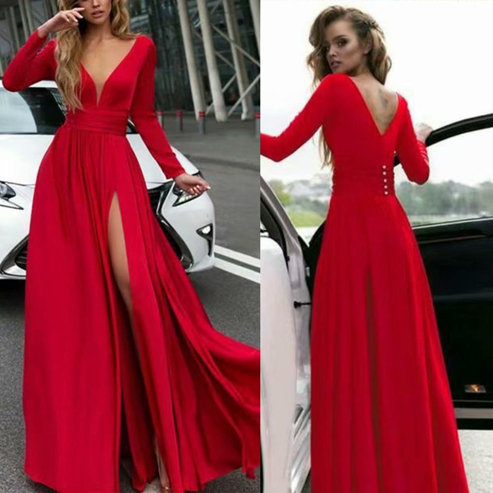 Women Deep V Neck Long Sleeve Slit Prom Gown Dress Elegant Bridesmaid Evening Maxi Dress