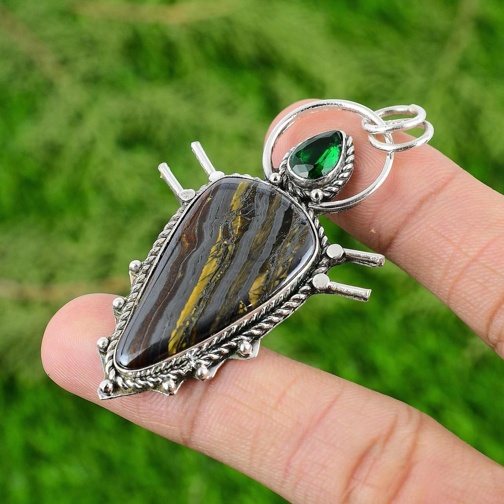925 Sterling Silver Natural Iron Tiger Eye Chrome Diopside Bezel Wife Pendant