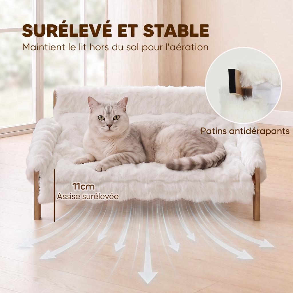 Elevated Dog/Cat Sofa Bed, Wooden, Removable Plush Cushion, Non-Slip Feet, 70 x 47 x 30 cm, White