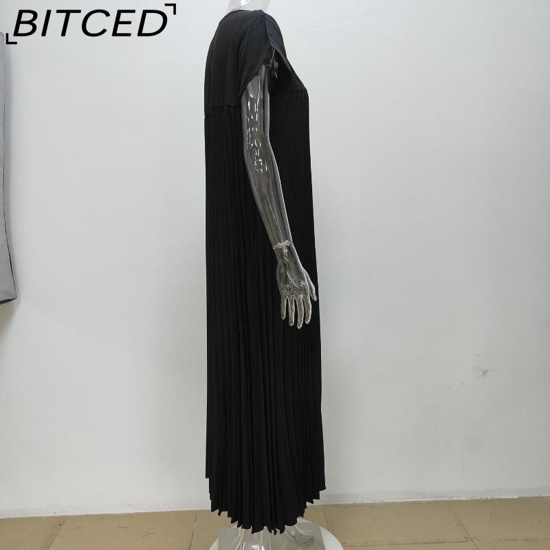 BITCED Herbst Damen Elegantes Mode O-Ausschnitt Ärmelloses Plissee Maxikleid