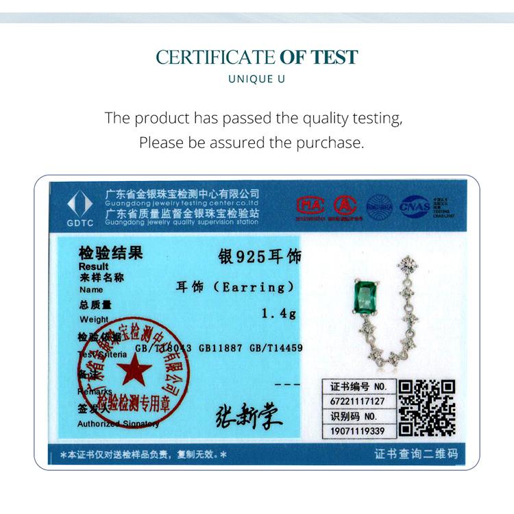 Bamoer 1PC 925 Sterling Silver Double Hole Chain Earrings for Women Fine Jewelry Green Square Piercing Ear Stud Wedding