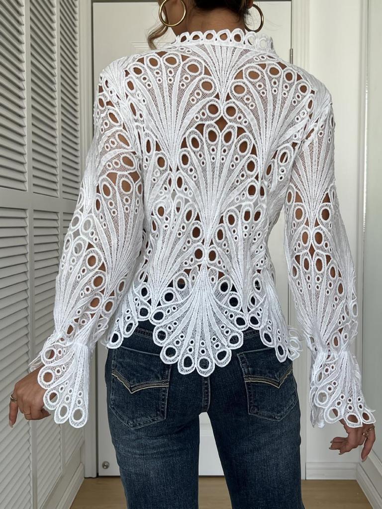 2025 Autumn Women's Sexy Ripped Bell Sleeve Knit Lace Top – European & American Style