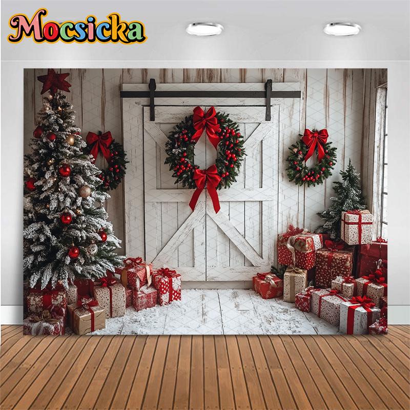 Mocsicka Photography Background Christmas Tree Door Decoration Child Family Holiday Party Studio Backdrop Shooting Studio Banner