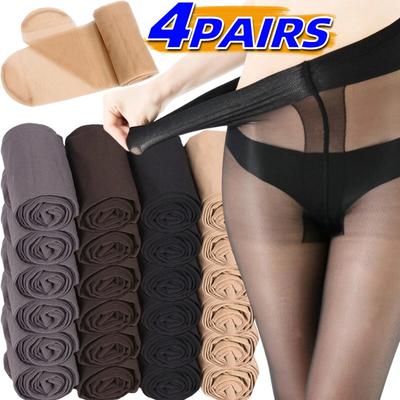 1-4pairs Women's Plus Size Micro Compression Slimming Pantyhose Invisible Thin Design Non Flesh Color Foot Bottom Socks