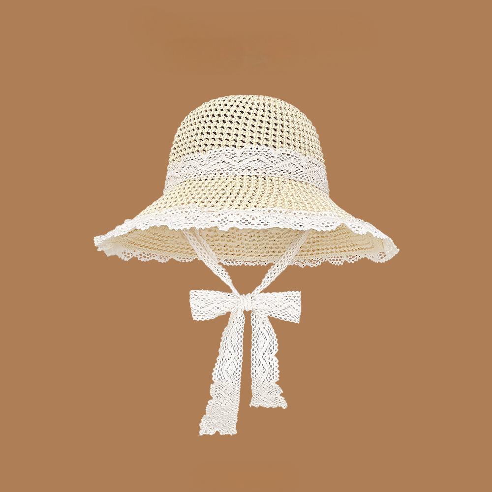 1PC French Straw Hat Women's 2025 Summer New Breathable Lace Straw Hat Lace-up Hollow Straw Hat