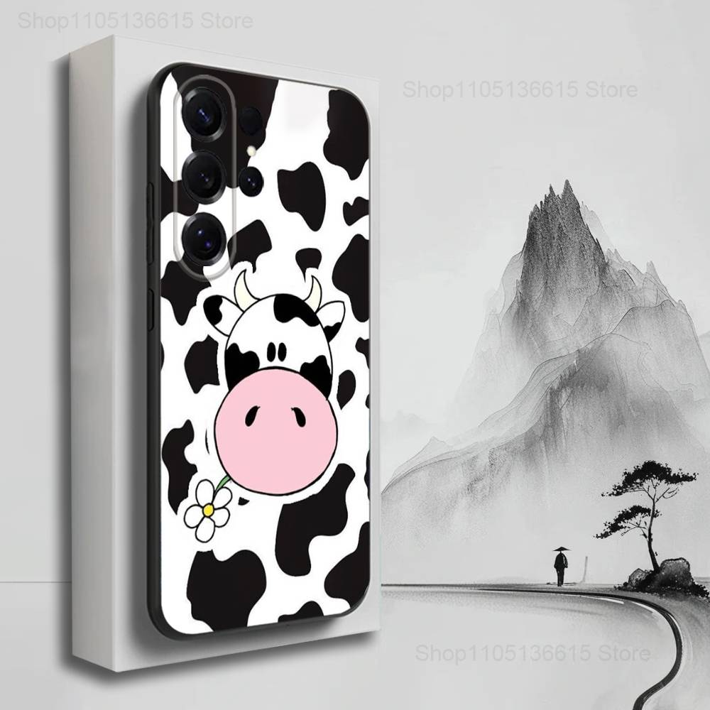 Cartoon Print Cow Cute Phone For Samsung S25,S10,S20,S10,S21,S9,S24,S23,Ultra,FE,Plus,Lite,Soft Silicone Black Cover