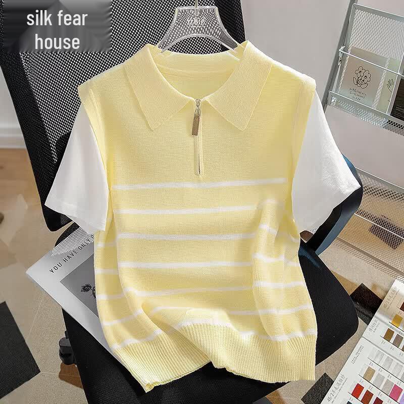 Women s Striped Colorblock Mock Two-Piece Lapel Knit Top One Size