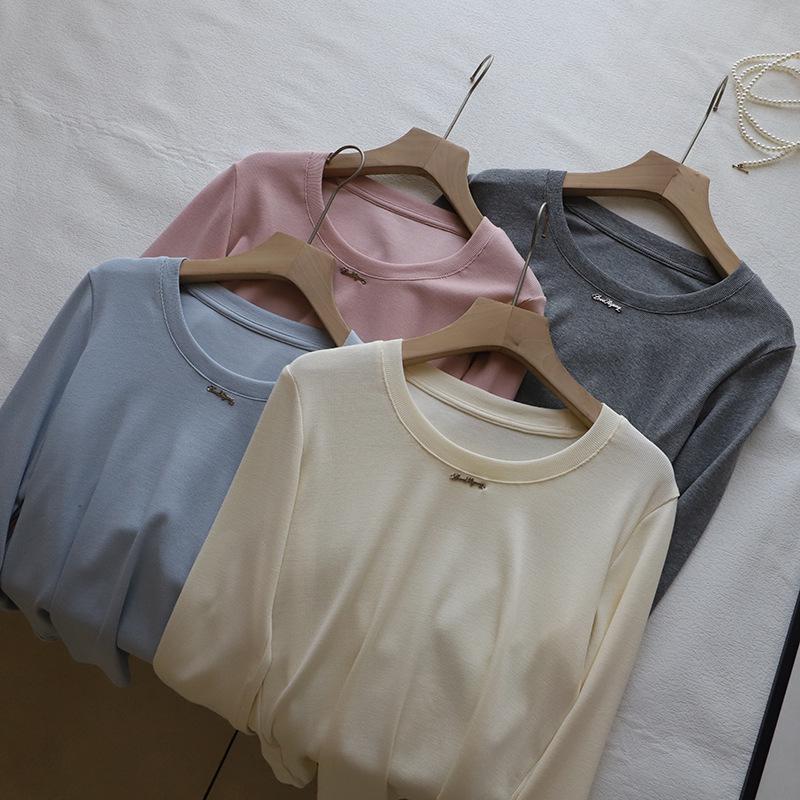 Bi Zheng 2025 Spring Korean Style Slim Fit Women's Long Sleeve Solid Color T-shirt (Model 3306)