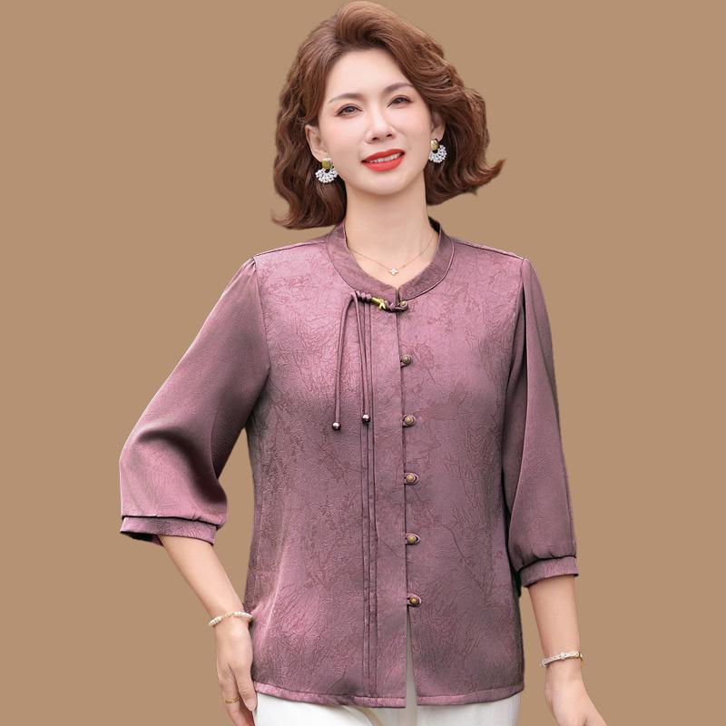 

New Chinese Style Chiffon Shirt for Mothers, Seven-Sleeve Top for Middle-Aged & Elderly Women, Spring/Summer National Style Top 2XL (approx. 105-120 jin) фіолетовий