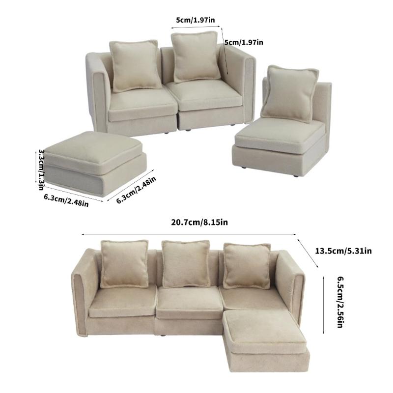 Simple Couch Mini Sofa Set Soft Fabric Dollhouses Furniture 1/12 Scale Compatible with Model Displays