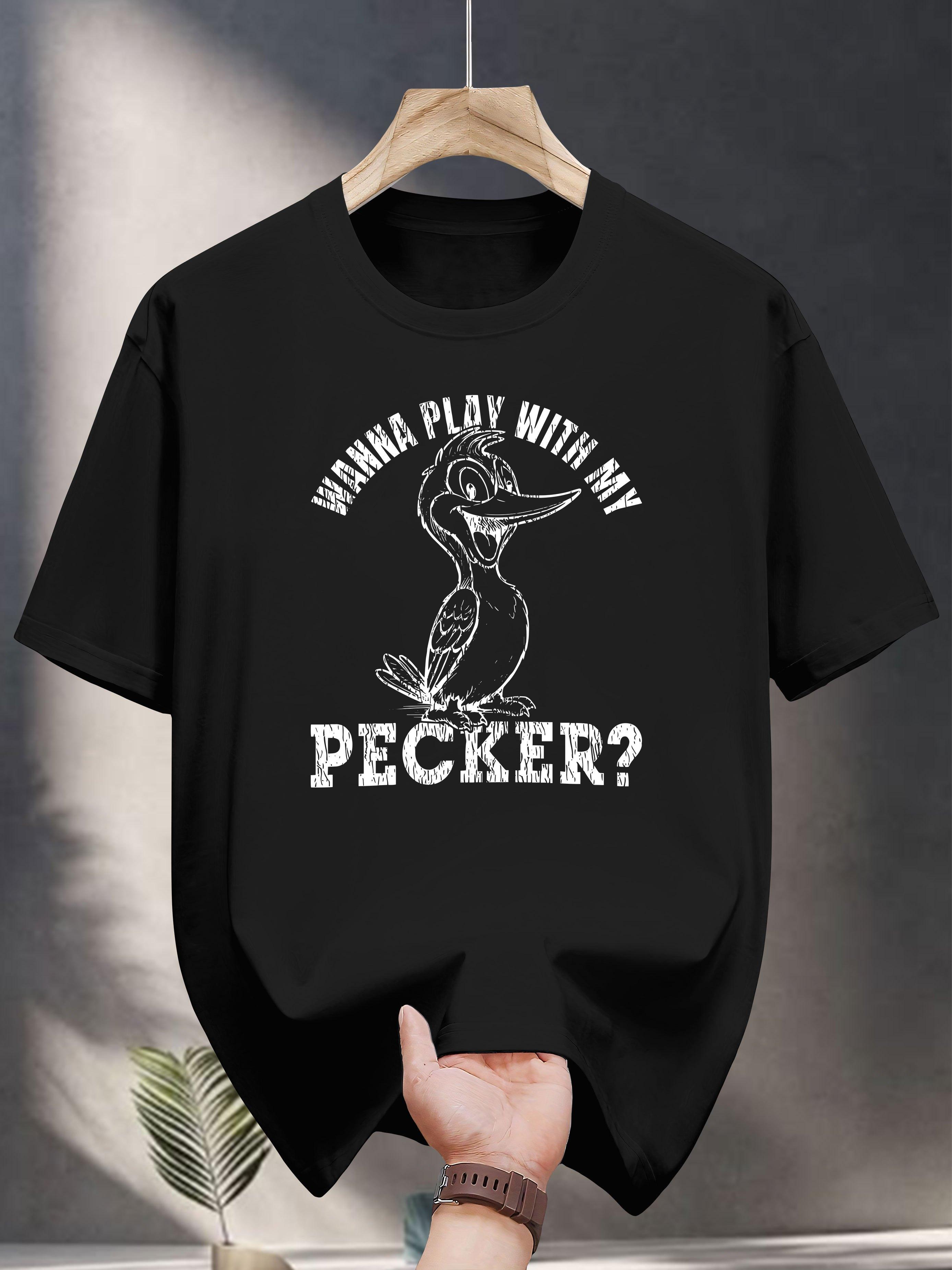 

200g 100% Cotton Graphic T-shirt - Navy Blue Casual Short Sleeve Tee with Humorous WONNA PLAY with MY PECKER Print & Cartoon Duck Design S