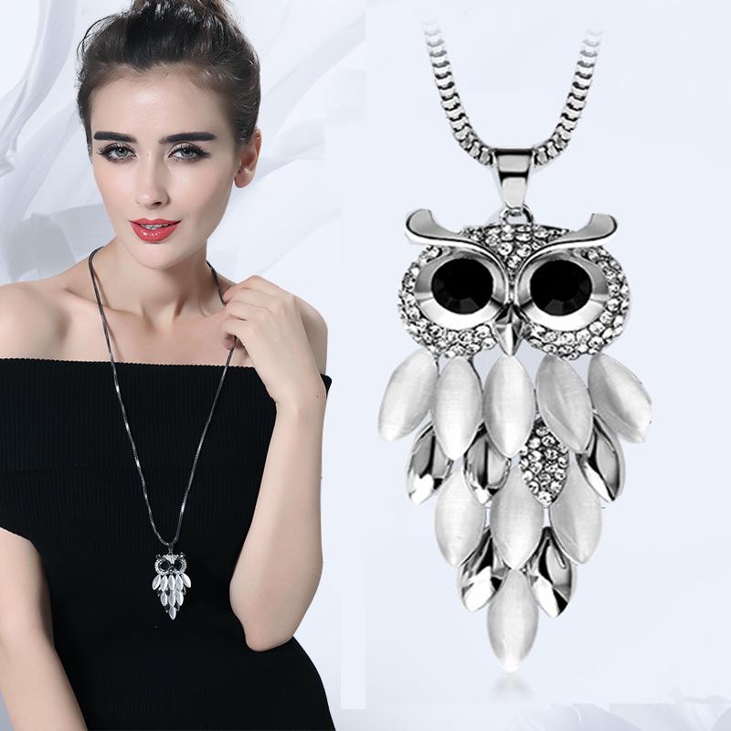 Fashion Crystal Opal Owl Long Necklace for Women New Statement Sweater Chain Necklaces
