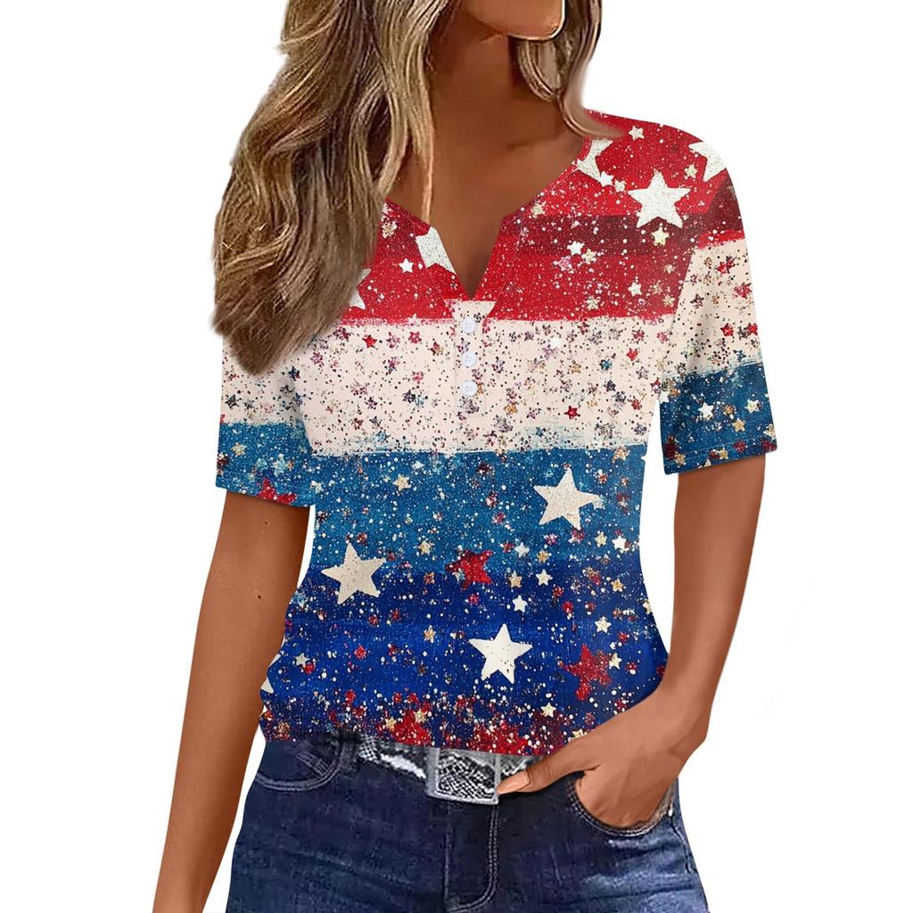 Women's T Shirt Tee Independence Day Printed Button Short Sleeve Tunic Daily Weekend Fashion Basic V- Neck Regular Top