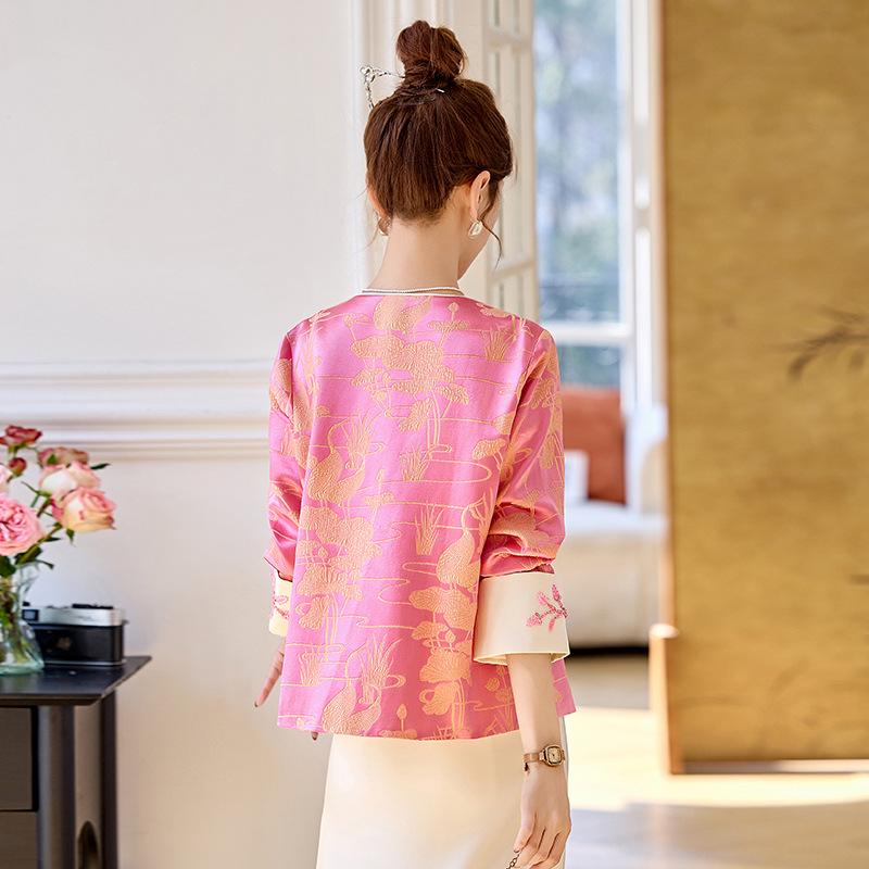 2025 Spring New Chinese Pink Jacquard Sequin Beaded Jacket Top ME5513