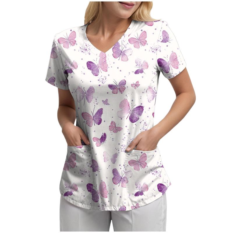 Women's V-Neck Short Sleeve Blouse Purple Pink butterfly Print Loose Casual Summer Tunic Top V Neck Short Sleeved Printed Tops