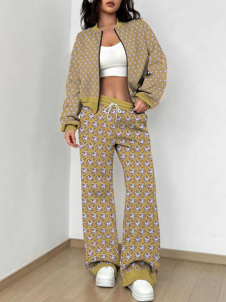 Purple Smudge 1116 Popular Autumn and Winter New European and American Women's Clothing Floral Printing Set