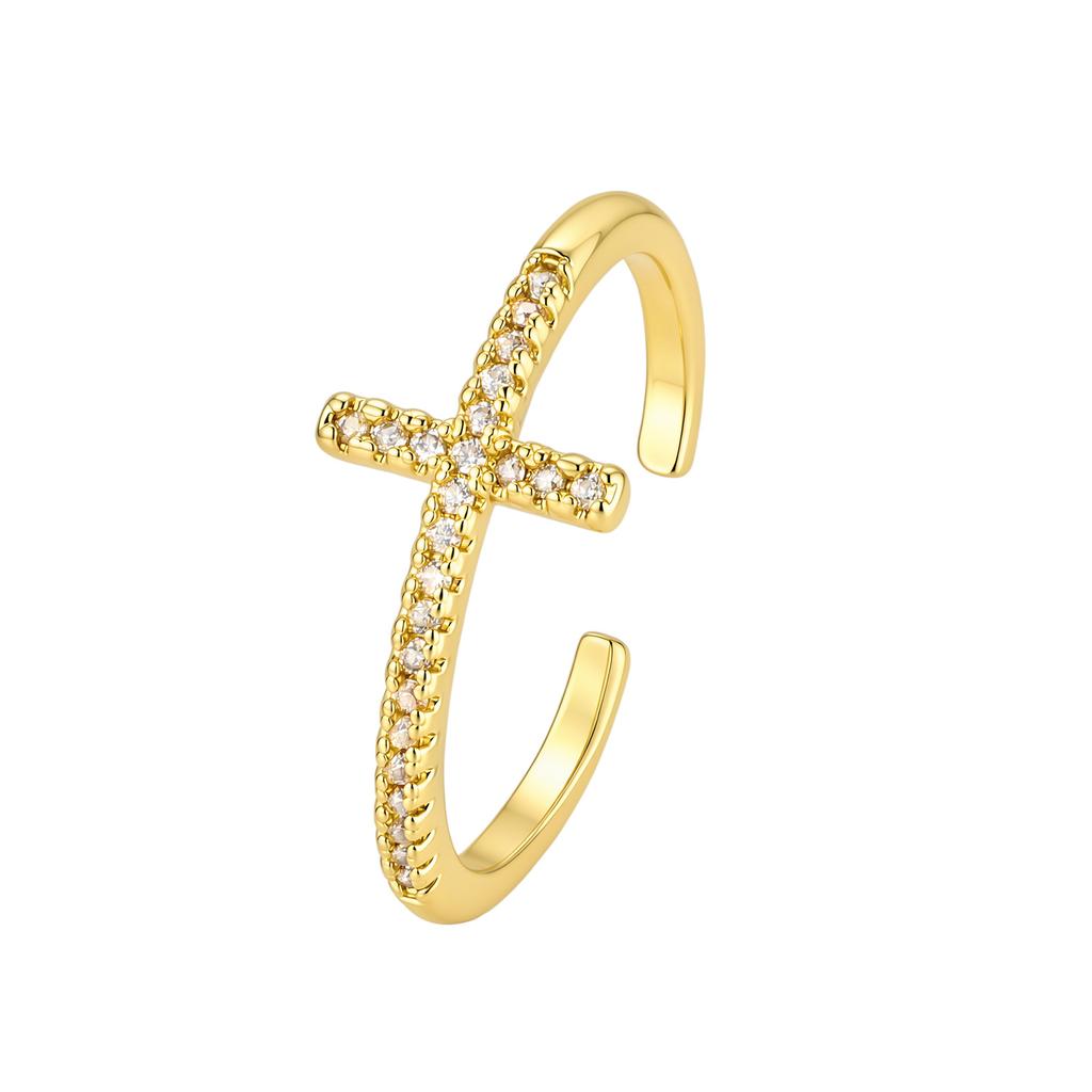 Cross Ring for Women 14k Gold Plated Sideway Cross Adjustable Open Ring Cubic Zirconia Jewelry