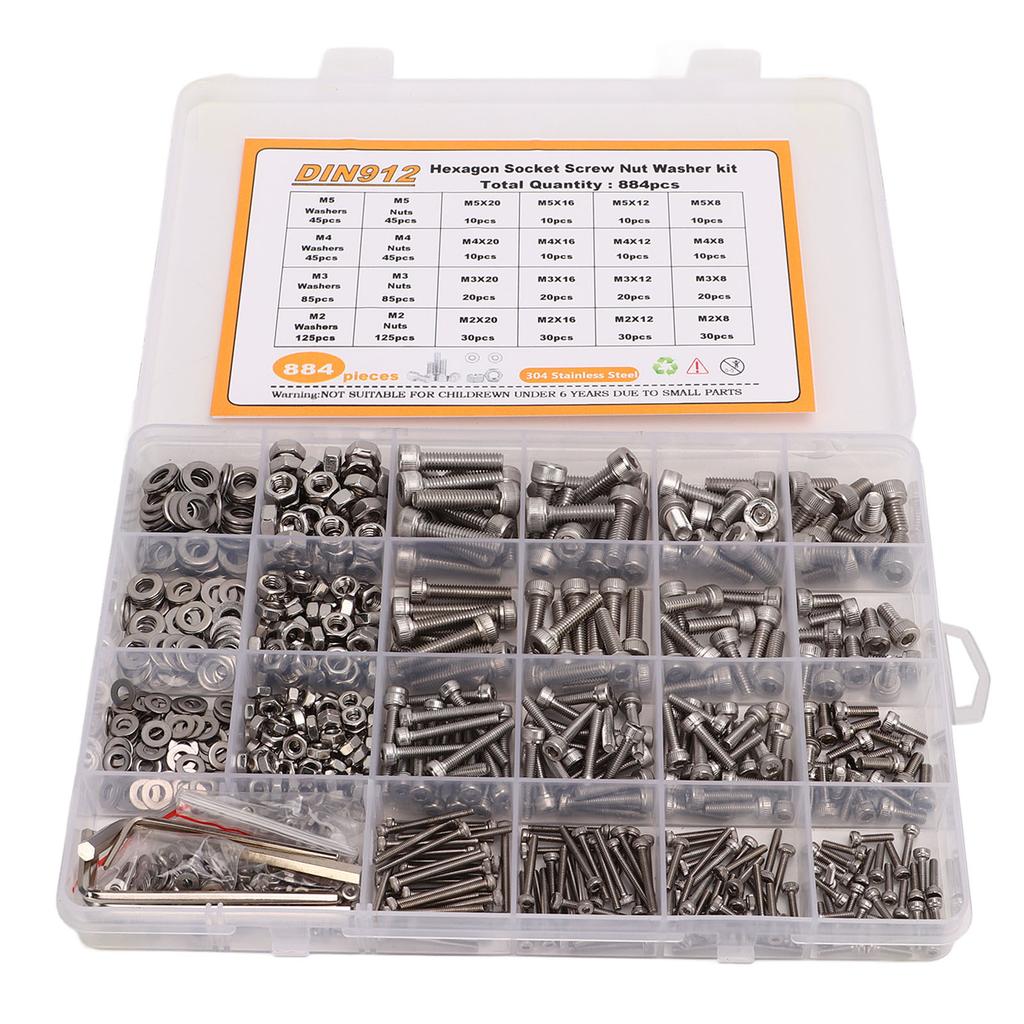 884 Stück Schrauben Muttern Unterlegscheiben Sortiment M2 M3 M4 M5 Rundkopf Innensechskant 304 Edelstahl Befestigungselemente