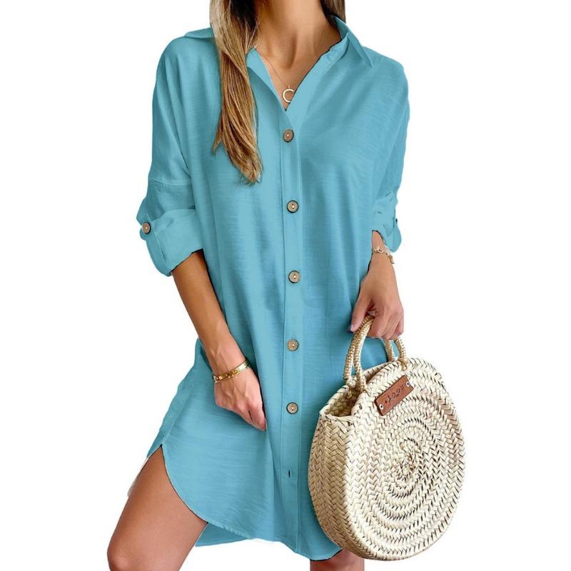 Fall Casual Long-sleeved Lapel Button-down Dress