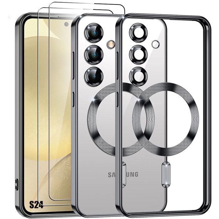 Coque de protection - BOOLING - Samsung Galaxy S24 - Noir - Anneau Magnétique - 2 Verres Trempés