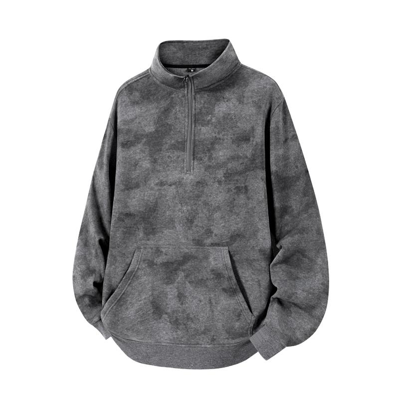Men's Dark Gray Tie Dye Half Zip Stand Collar Casual Pullover Sweatshirt