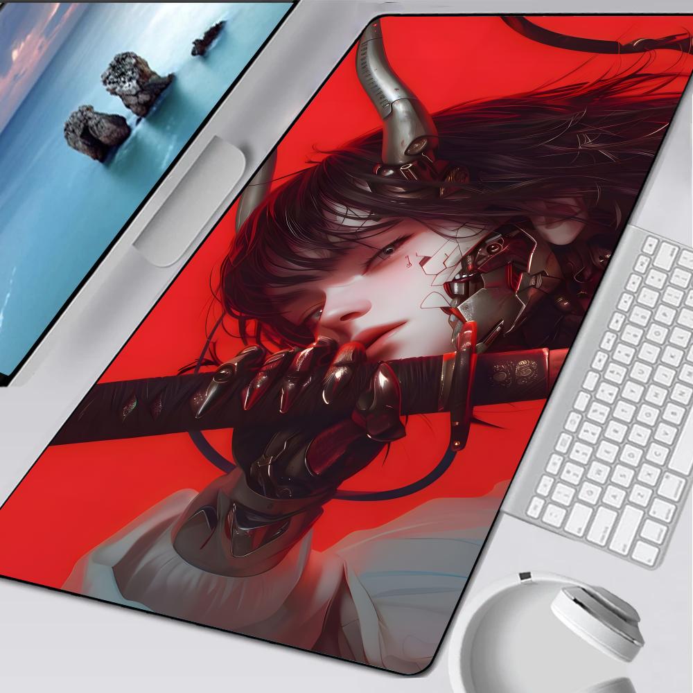 Anime Demon Girl Samurai Katana Mouse Pad Rubber Mat Laptop Xxl Mousepad Notebook Gamer Computer Table Gaming Accessories