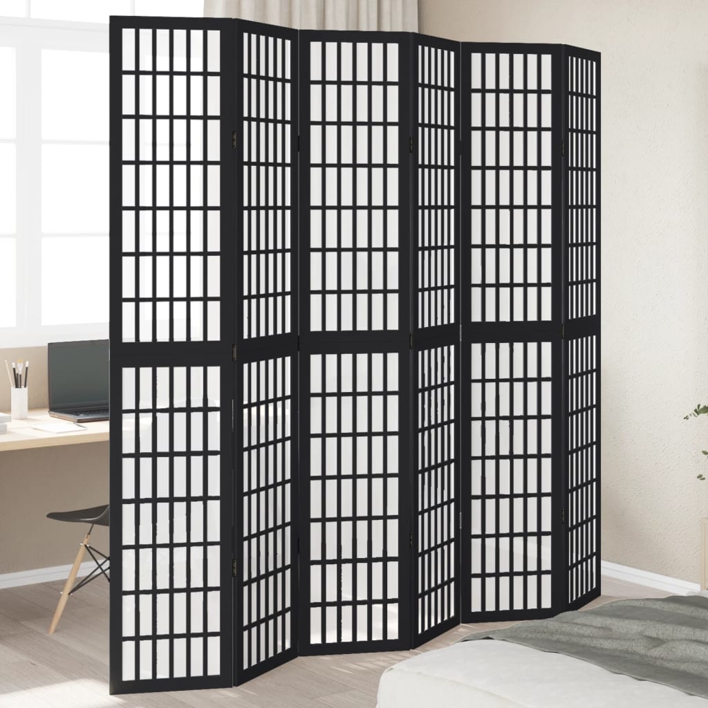 6 Piece Black Folding Screen Solid Paulownia Wood