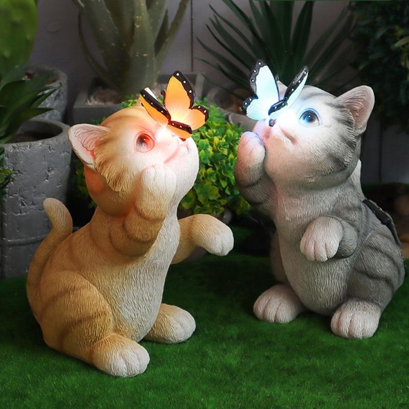 Garden Ornament Cats Solar Light Statue for Backyard Cafe Indoor Outdoor Statue Sculpture LED Cats Figurine Yard Lamp