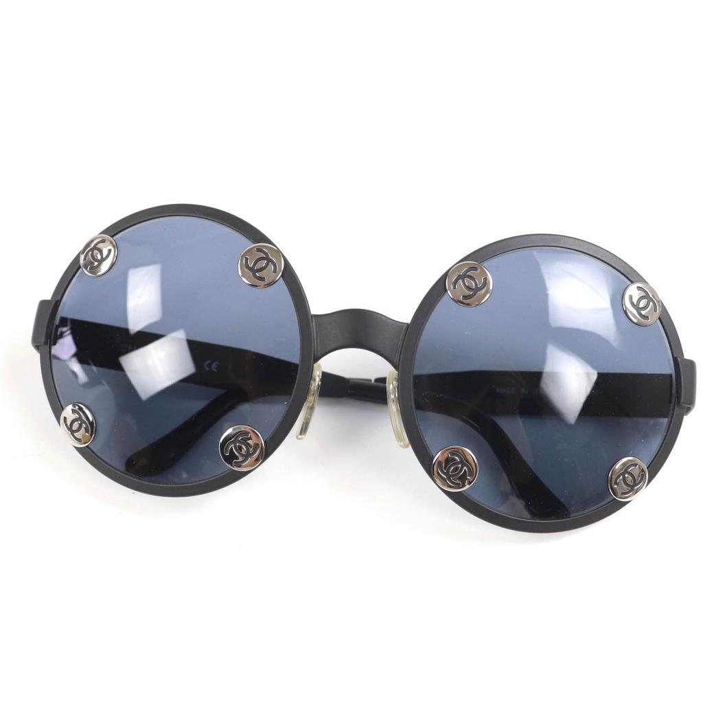 Excellent CHANEL Sunglasses COCO Mark Round Matt Black Women 08841 Used