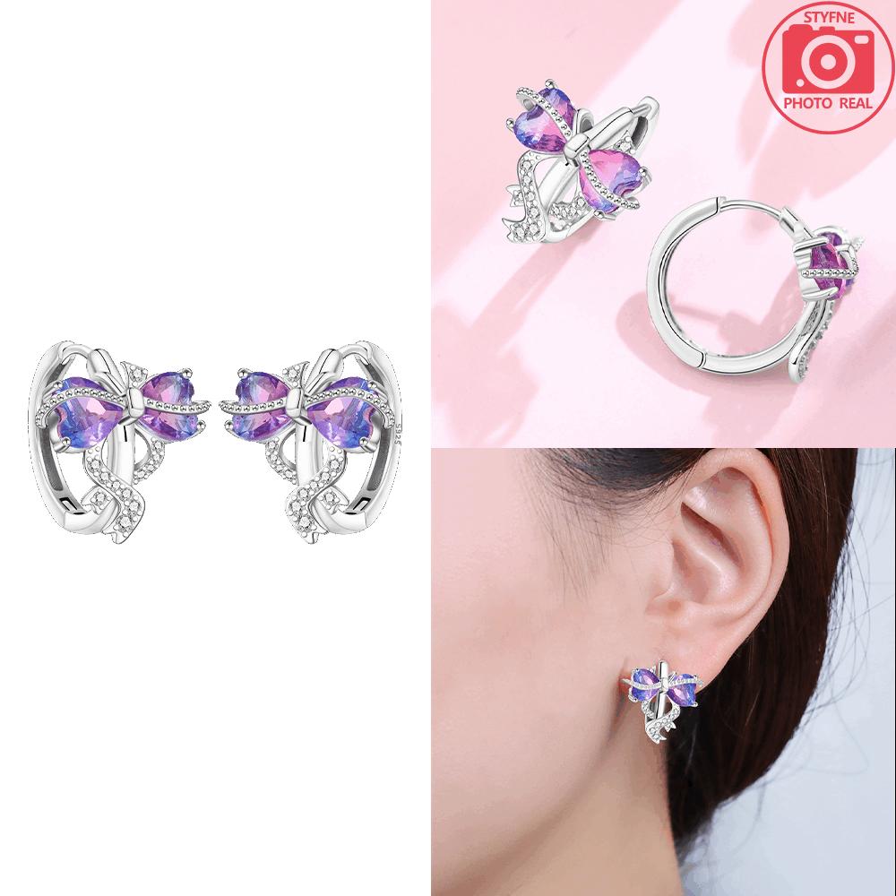 925 Silver Purple Heart Butterfly Earrings Pink Bows Blue Zircon Earring Women's Accessory Earrings Fine Valentine Gift Jewelry