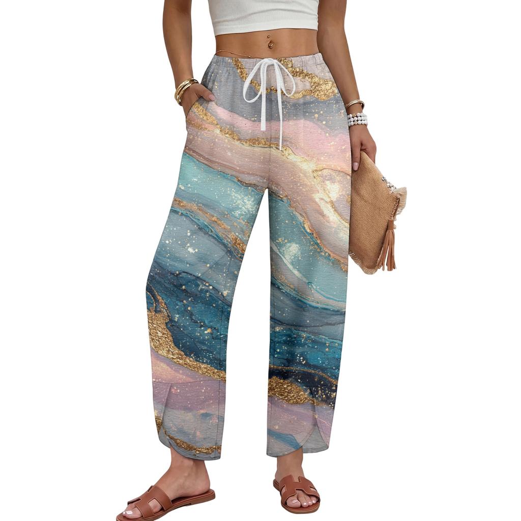 Women Casual Wide Leg Pants Marble Print Loose Fit Drawstring Waist Straight Leg Trousers Comfortable Lightweight Fabric