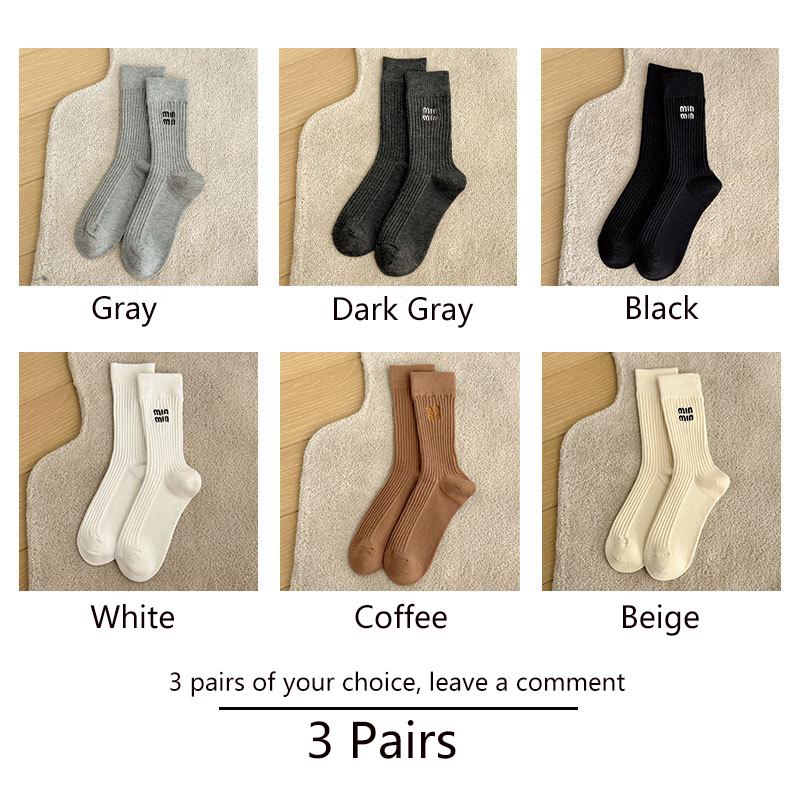 3 Pares Calcetines Diseñador Lujo Mujer Medias Marca Algodón Bordado Letra Rayado Tubo Medio Sólido Apilado Suelto Calcetines Moda