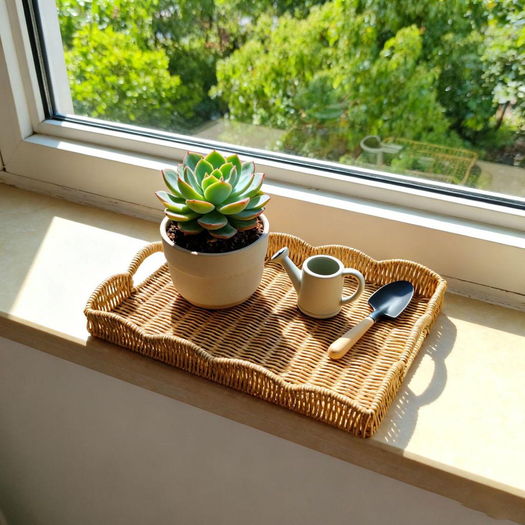 Japanese Wicker Bread Basket with Double Handles - Imitation Rattan Round Serving Tray with Lace