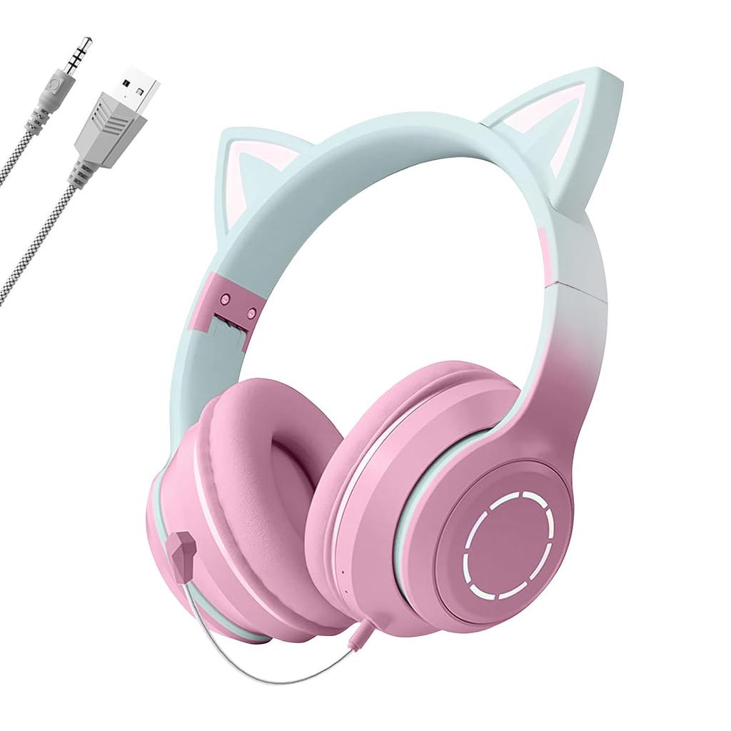 Cute Cat Ear Headphones for Bluetooth with Rainbow Color and Adjustable Wired and Wireless Perfect for Kids and or New Gift Kids, 5.1, LED,
