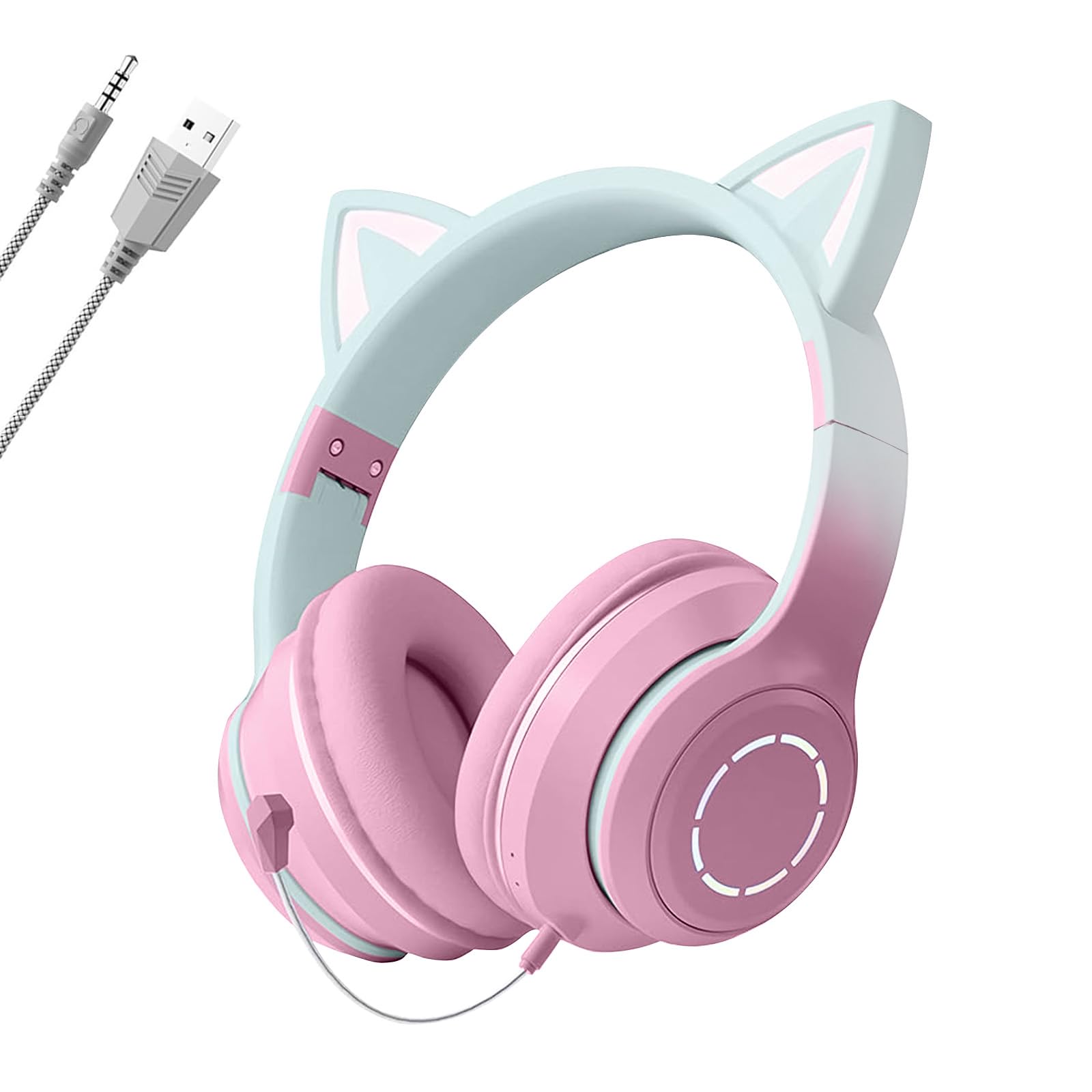 

Cute Cat Ear Headphones for Bluetooth with Rainbow Color and Adjustable Wired and Wireless Perfect for Kids and or New Gift Kids, 5.1, LED, розовый