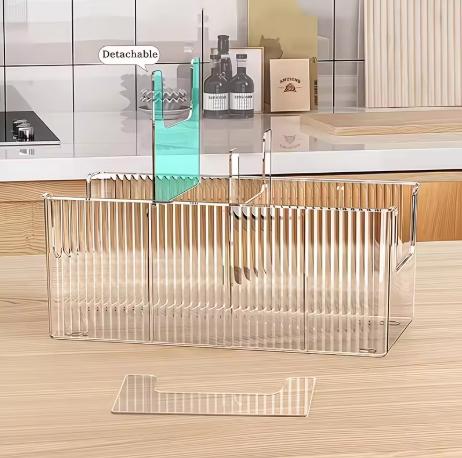 Clear Acrylic Kitchen Organizer Bin with Detachable Dividers Ribbed Pantry Storage Basket for Spices Snacks Cabinet