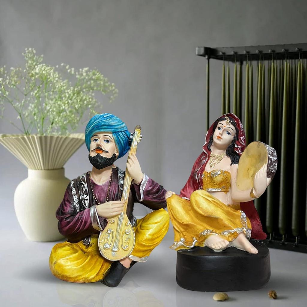 Harz Rajasthani Traditionelles Paar mit Musikinstrumenten für Heimdekoration - (Set aus 2, Mehrfarbig)