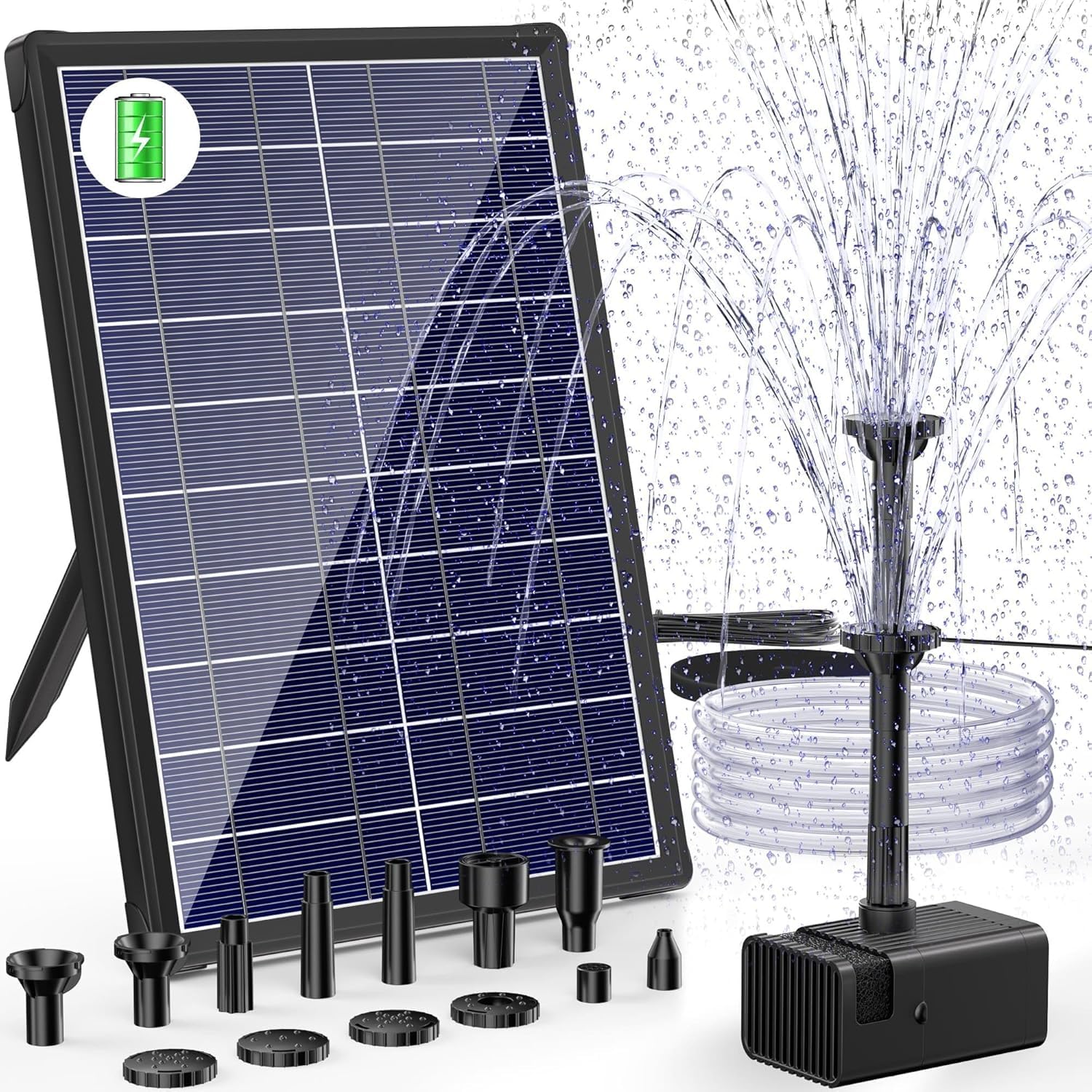 

Biling Solar Fountain Pump, Outdoor, 8W, Solar Powered, 3600mAh Built-in Battery, Oxygen Supply, Water Circulation, 8 Nozzles Included, Zero Electrici