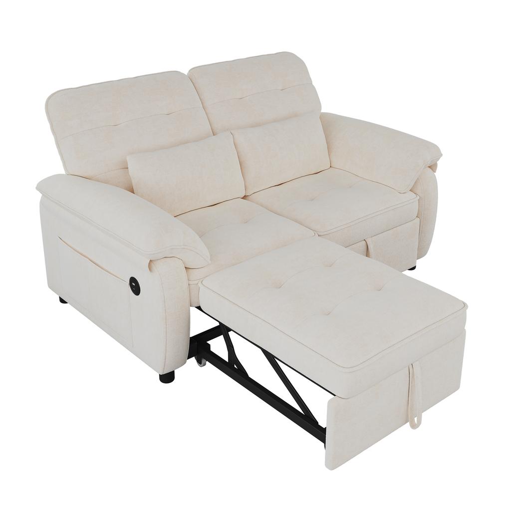 3-in-1 Double Sofa Bed with Adjustable Backrest and Bed Function, Convertible Sofa with USB Charging Port, Chenille Fabric, Beige, Incl. 2 Cushions