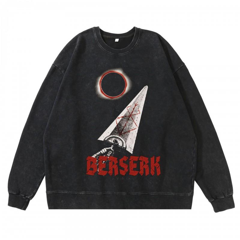 Schwergewicht 360g Gewaschener Vintage Berserk Anime Streetwear Baumwolle Pullover Hoodie Herren