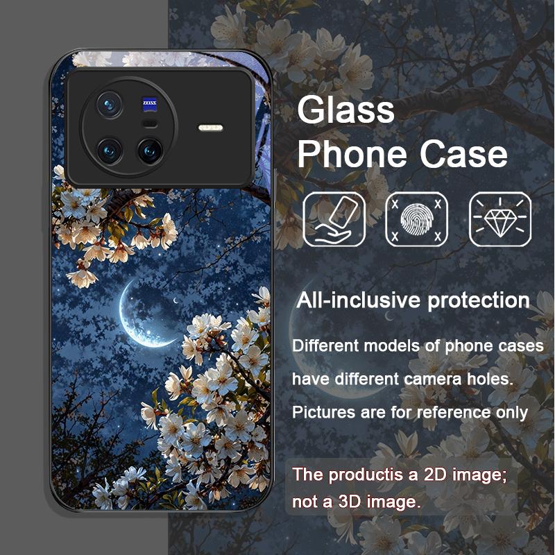 Moon Cherry Blossom Pattern Scenery Tempered Glass Phone Case for OPPO Reno 13 F 12 11 Pro 10 SE Find X3 Lite X5 A79 A58 Covers