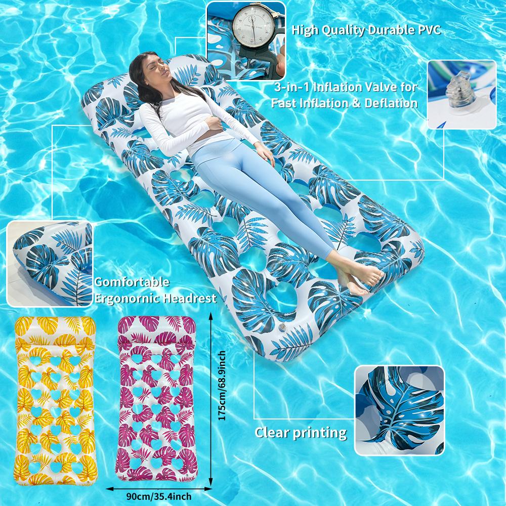 1pc Tropical Leaf Print Inflatable Pool Float Mat, Mesh Hole Water Floating Lounge Bed, for Summer Beach Party