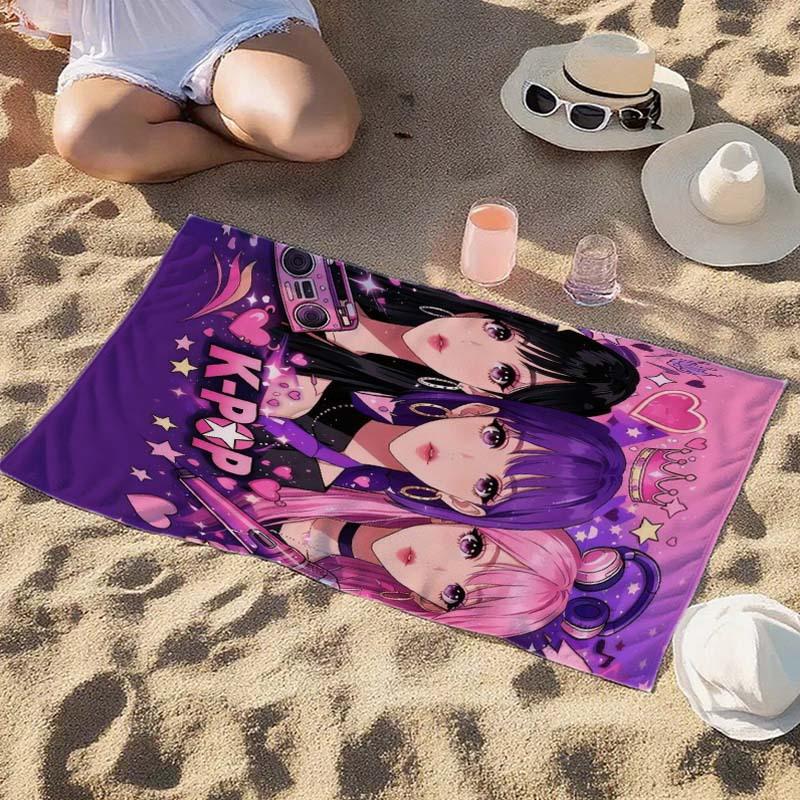 Pink Purple K-pop Anime Girl Beach Towel Ultra Absorbent Cool Room Stuff Bath Towel for Pools Swimming Outdoor Gym Room Decor