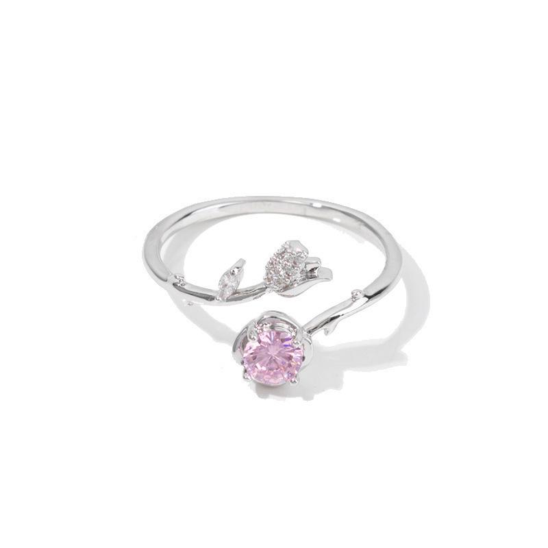 Versatile Pink Zircon Rose Flower Ring for Women - Elegant Forest Style, Super Fairy Fashion Ring Adjustable