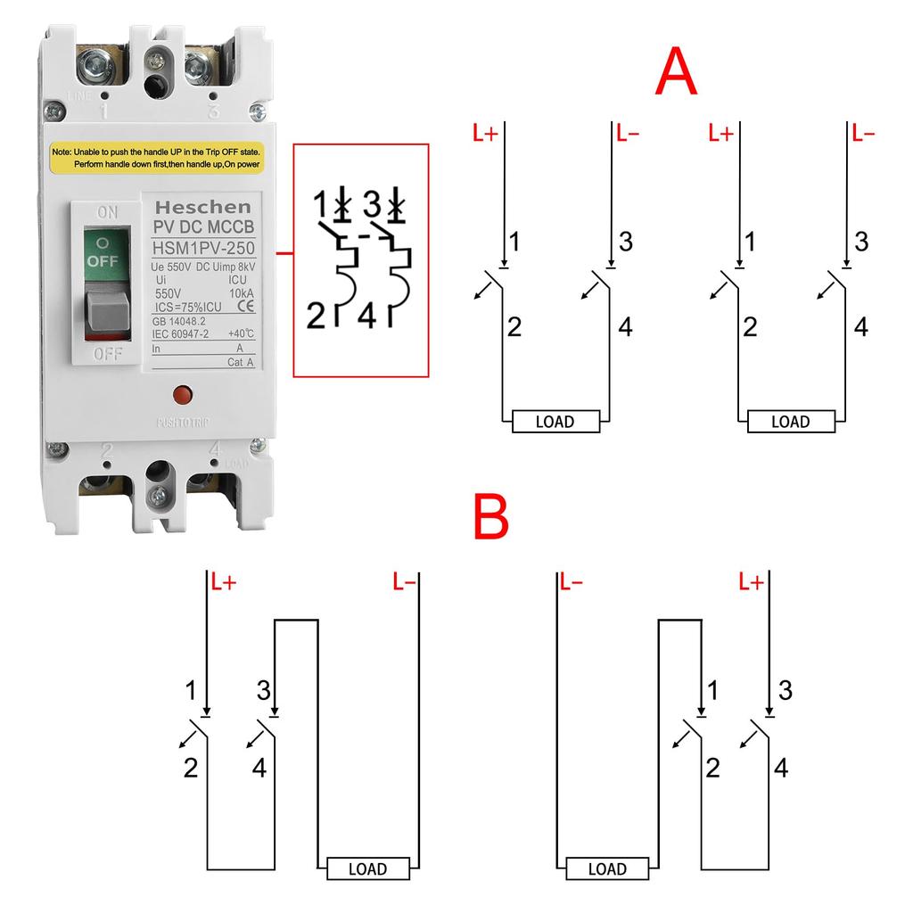 Heschen DC Molded Case Circuit Breaker MCCB HSM1PV-250, 2-Pole DC550V, Voltage Breaker for Solar PV Systems, Solar Panels, and Grid Systems (200A)