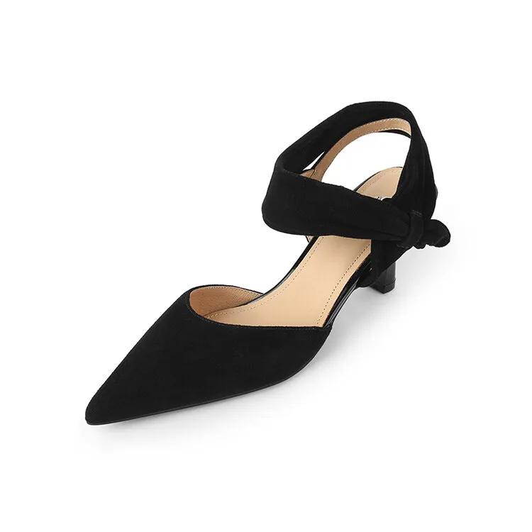 

Fashion Summer Women Sandals Pointed Toe Thin Heel Women Shoes 2025 Sheep Suede Leather Shoes for Women Cover Toe High Heels Party Shoes 34 чёрный