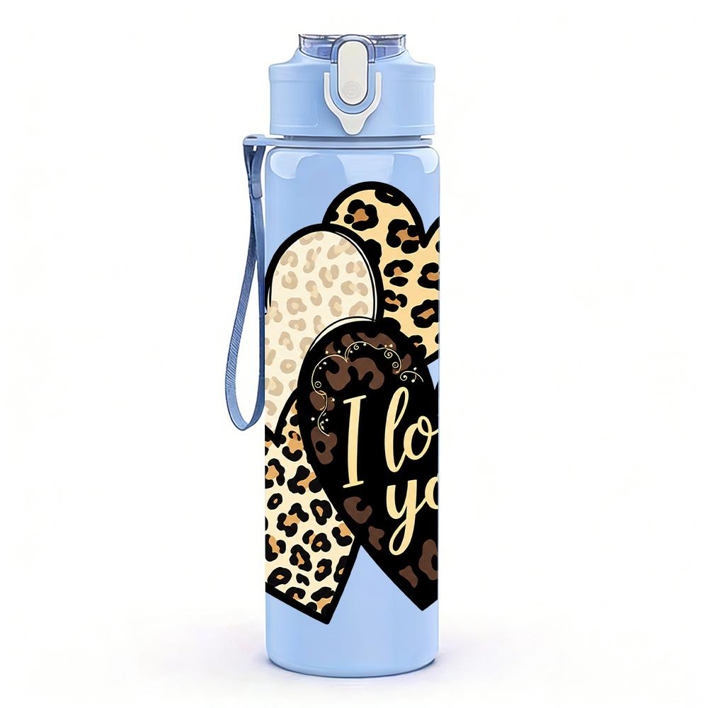 1PC Leopard Love Heart 750ml Color Plastic Sports Water Bottle Leakproof Flip Straw Lid Suitable for Sports Office Home Use