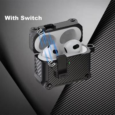 Magnetic Switch Carbon Fiber Earphone Case For Apple AirPods 4 3 Pro 3 2 TPU+PC Shockproof Armor Protective Cover With Hook